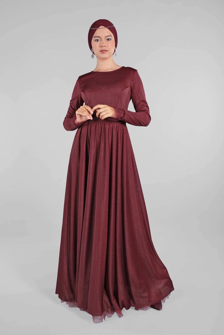 Hijab clothing CLARET RED BELTED EVENING DRESS T 61393