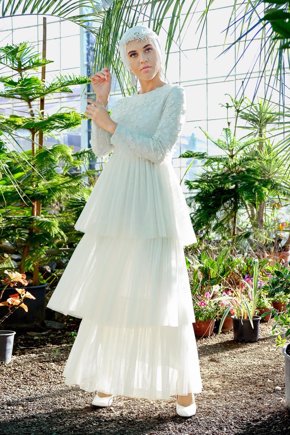 Hijab clothing WHITE 3D Floral Evening Dress T 6651	