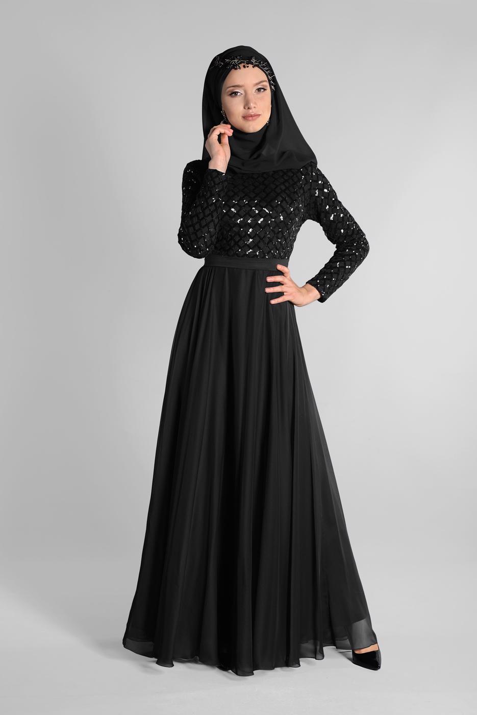 Tesettür giyim SİYAH ETEĞİ ŞİFON ABİYE ELBİSE 7218