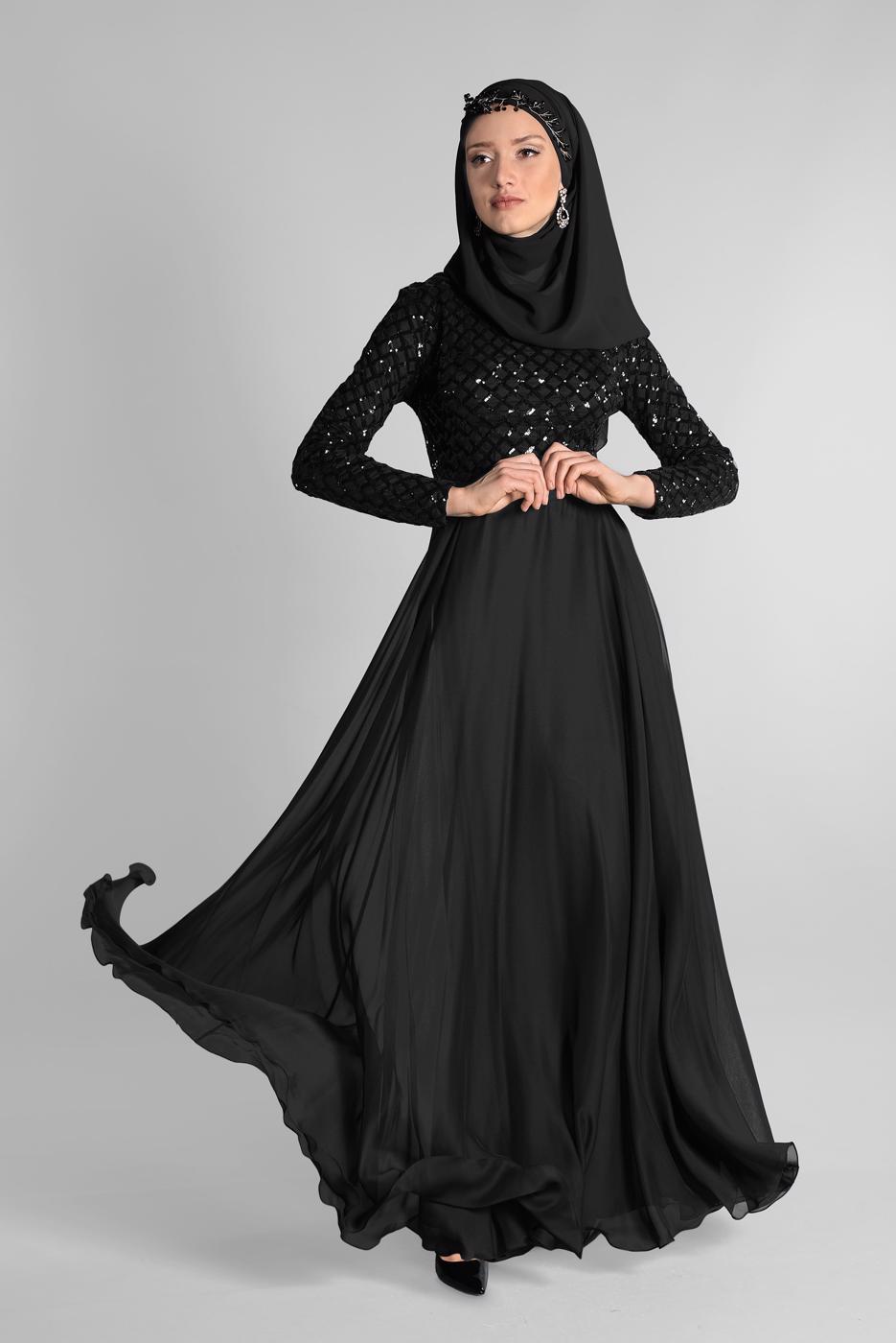 Tesettür giyim SİYAH ETEĞİ ŞİFON ABİYE ELBİSE 7218