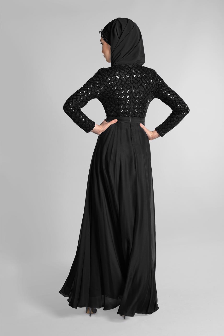 Tesettür giyim SİYAH ETEĞİ ŞİFON ABİYE ELBİSE 7218