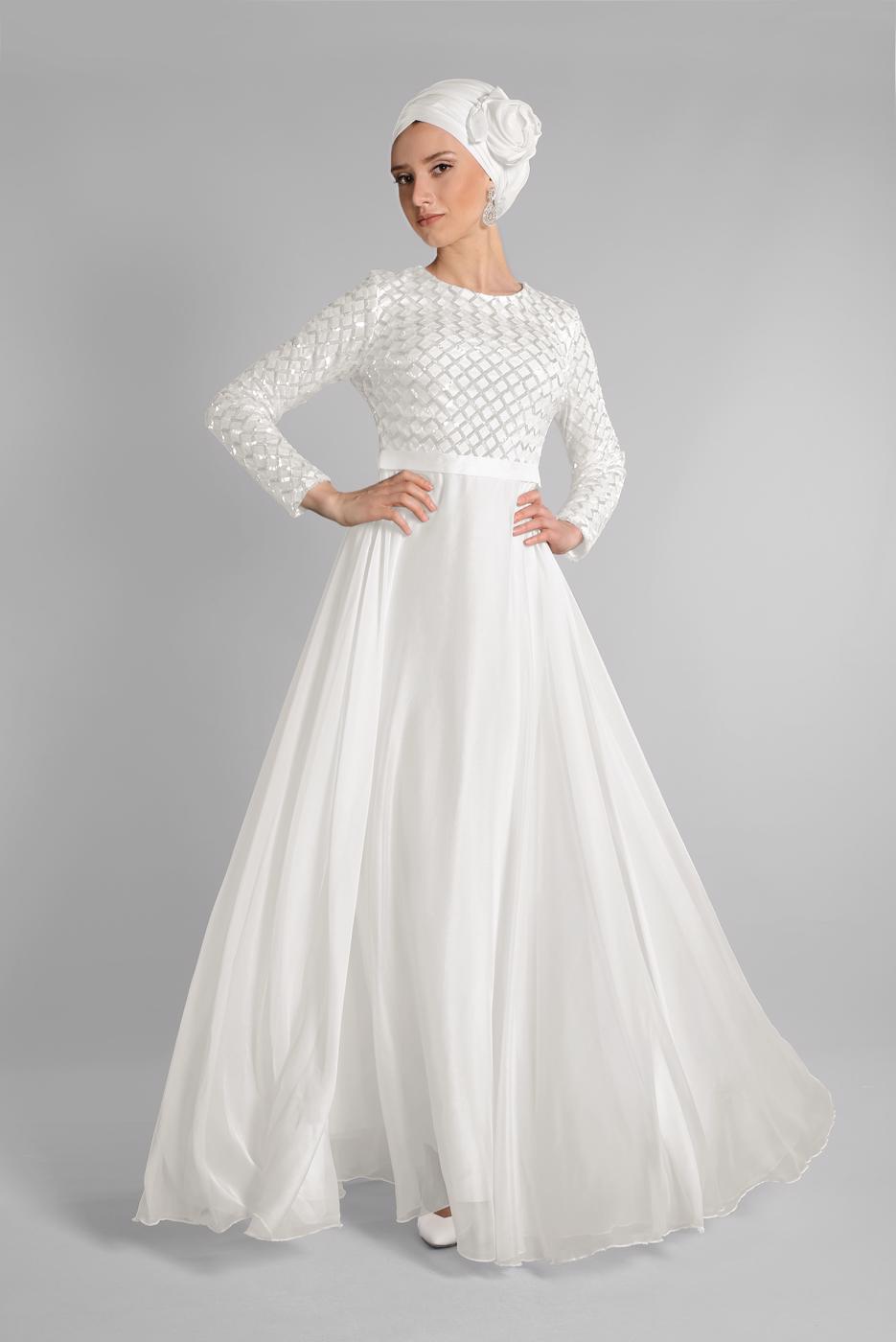 Tesettür giyim BEYAZ ETEĞİ ŞİFON ABİYE ELBİSE 7218