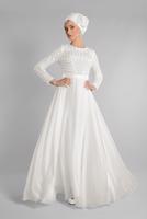 Tesettür giyim BEYAZ ETEĞİ ŞİFON ABİYE ELBİSE 7218