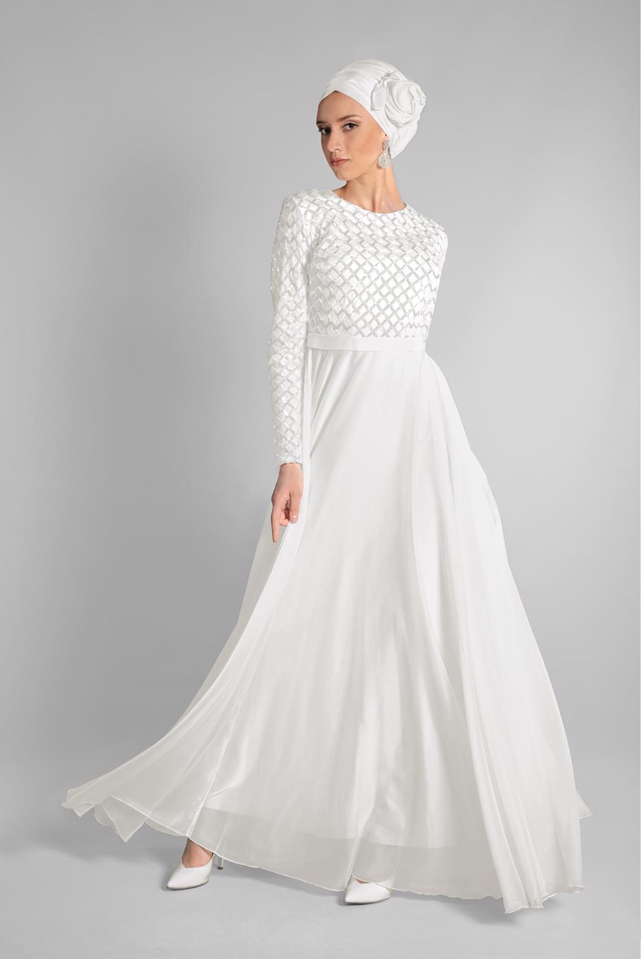 Tesettür giyim BEYAZ ETEĞİ ŞİFON ABİYE ELBİSE 7218