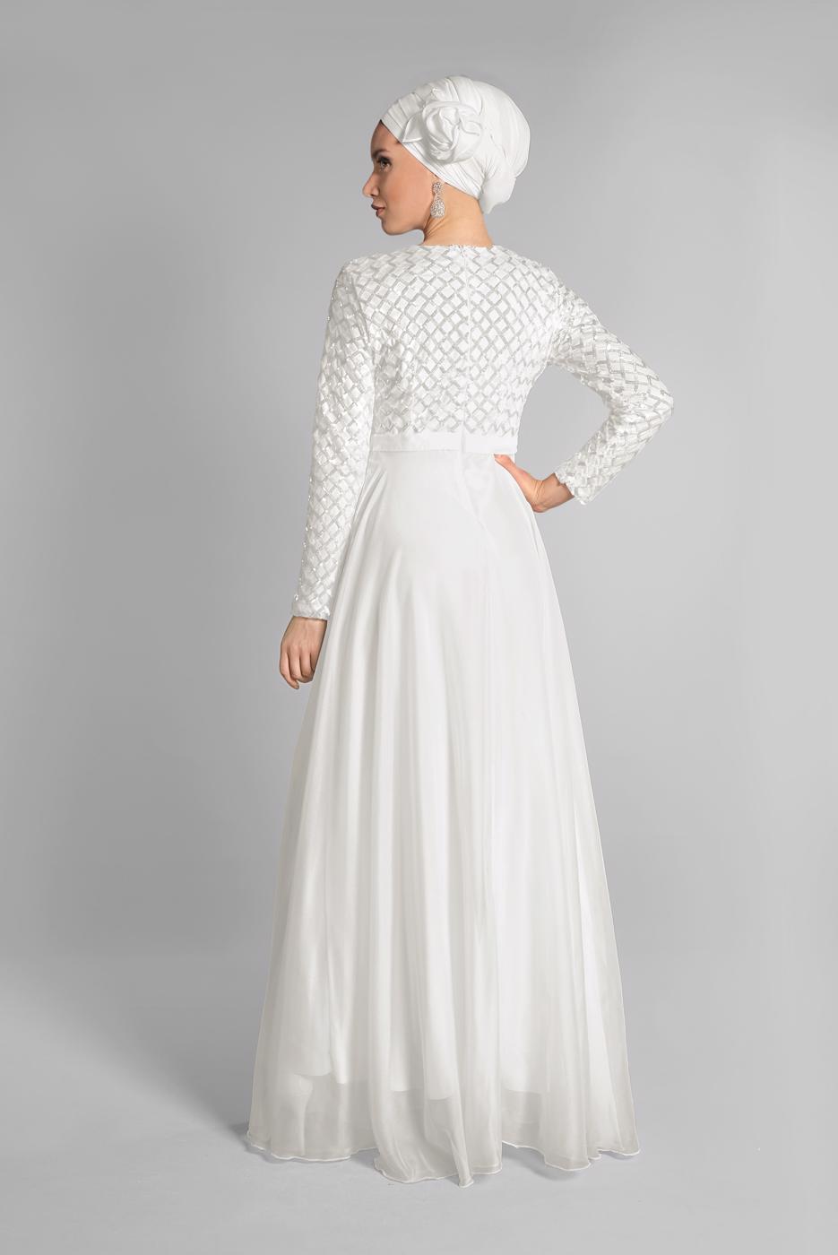 Tesettür giyim BEYAZ ETEĞİ ŞİFON ABİYE ELBİSE 7218
