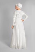 Tesettür giyim BEYAZ ETEĞİ ŞİFON ABİYE ELBİSE 7218