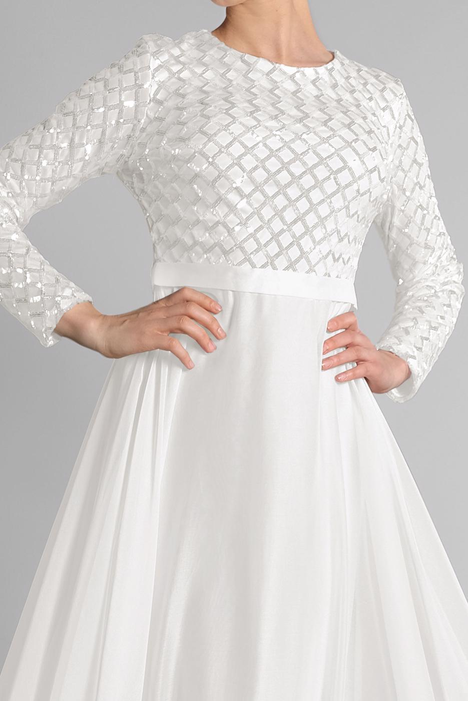 Tesettür giyim BEYAZ ETEĞİ ŞİFON ABİYE ELBİSE 7218