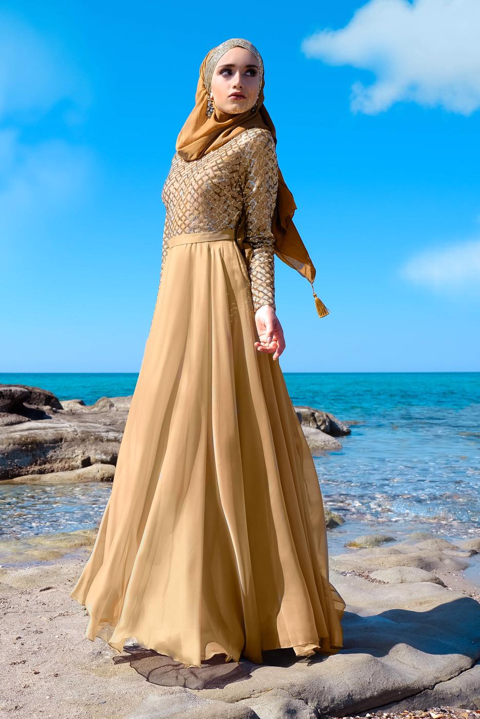 Tesettür giyim ALTIN ETEĞİ ŞİFON ABİYE ELBİSE 7218