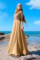 Tesettür giyim ALTIN ETEĞİ ŞİFON ABİYE ELBİSE 7218