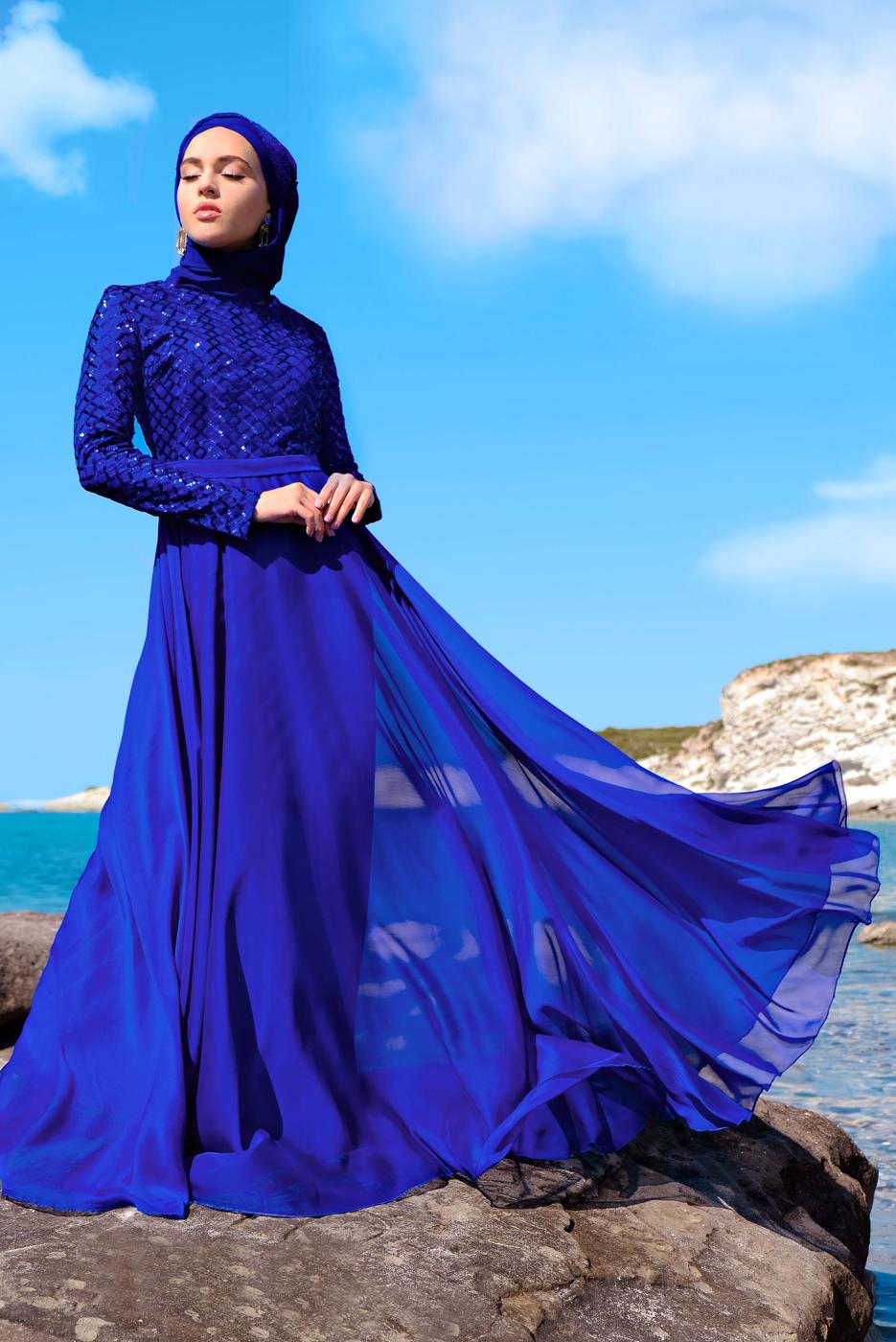 Tesettür giyim LACİVERT ETEĞİ ŞİFON ABİYE ELBİSE 7218