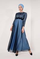 Hijab clothing BLUE LACE DETAILED EVENING DRESS T 77083