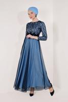 Hijab clothing BLUE LACE DETAILED EVENING DRESS T 77083