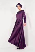 Tesettür giyim MOR ASİMETRİK KESİM SATEN ABİYE ELBİSE T 8352