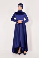 Hijab clothing NAVY BLUE Asymmetric Cut Satin Evening Dress T 8352 