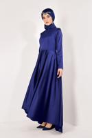 Hijab clothing NAVY BLUE Asymmetric Cut Satin Evening Dress T 8352 
