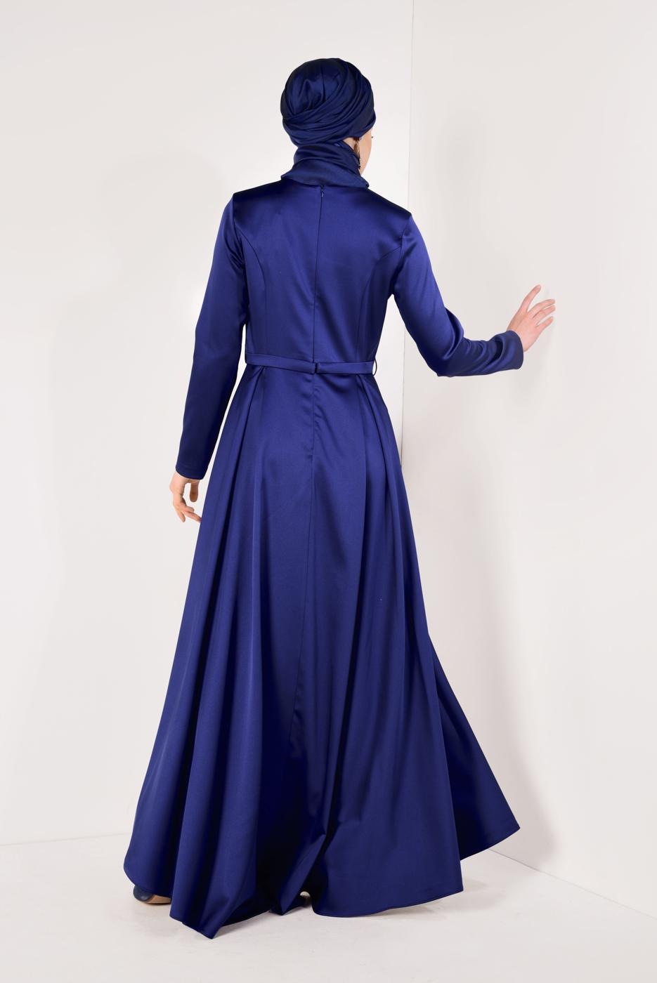 Hijab clothing NAVY BLUE Asymmetric Cut Satin Evening Dress T 8352 