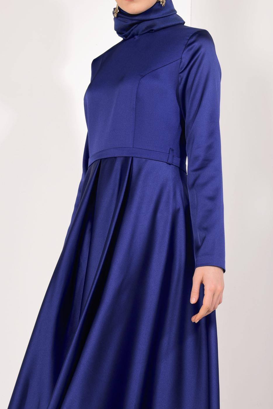 Hijab clothing NAVY BLUE Asymmetric Cut Satin Evening Dress T 8352 