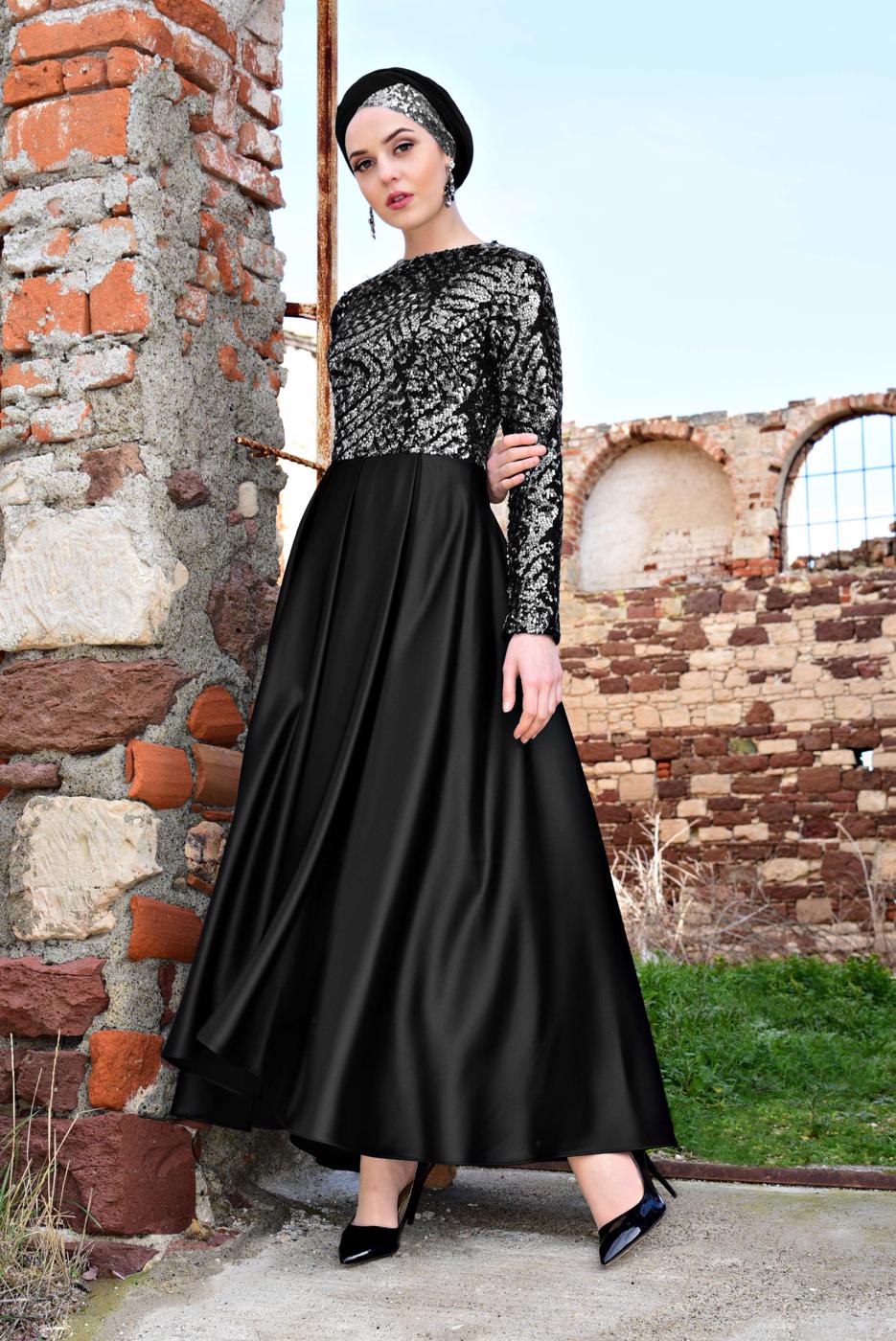 Hijab clothing BLACK Sequined Satin Evening Dress T 8692