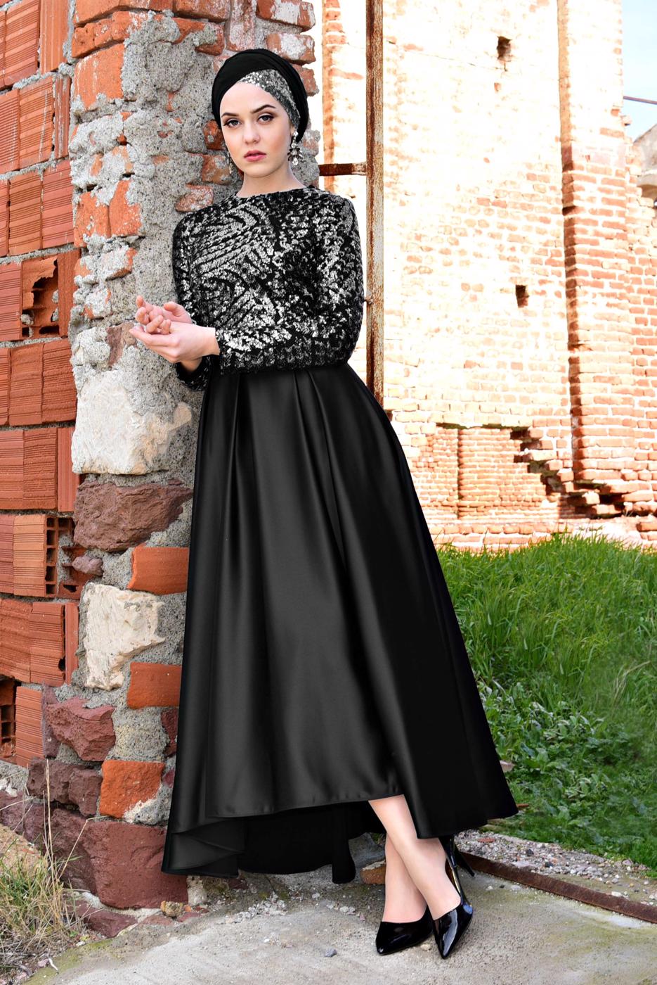 Hijab clothing BLACK Sequined Satin Evening Dress T 8692