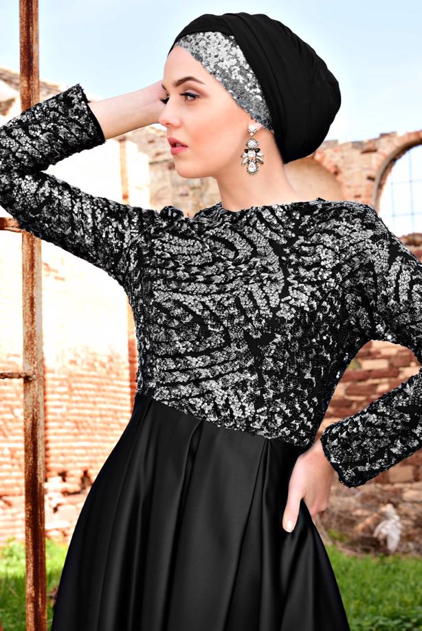 Vêtements hijab  Sequined Satin Evening Dress T 8692 - TRENDTESETTÜR