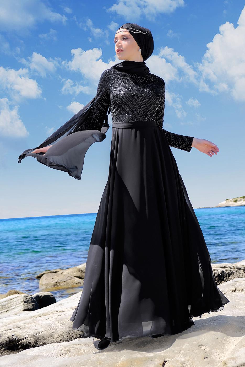 Tesettür giyim SİYAH PUL PAYET ABİYE ELBİSE 8858 