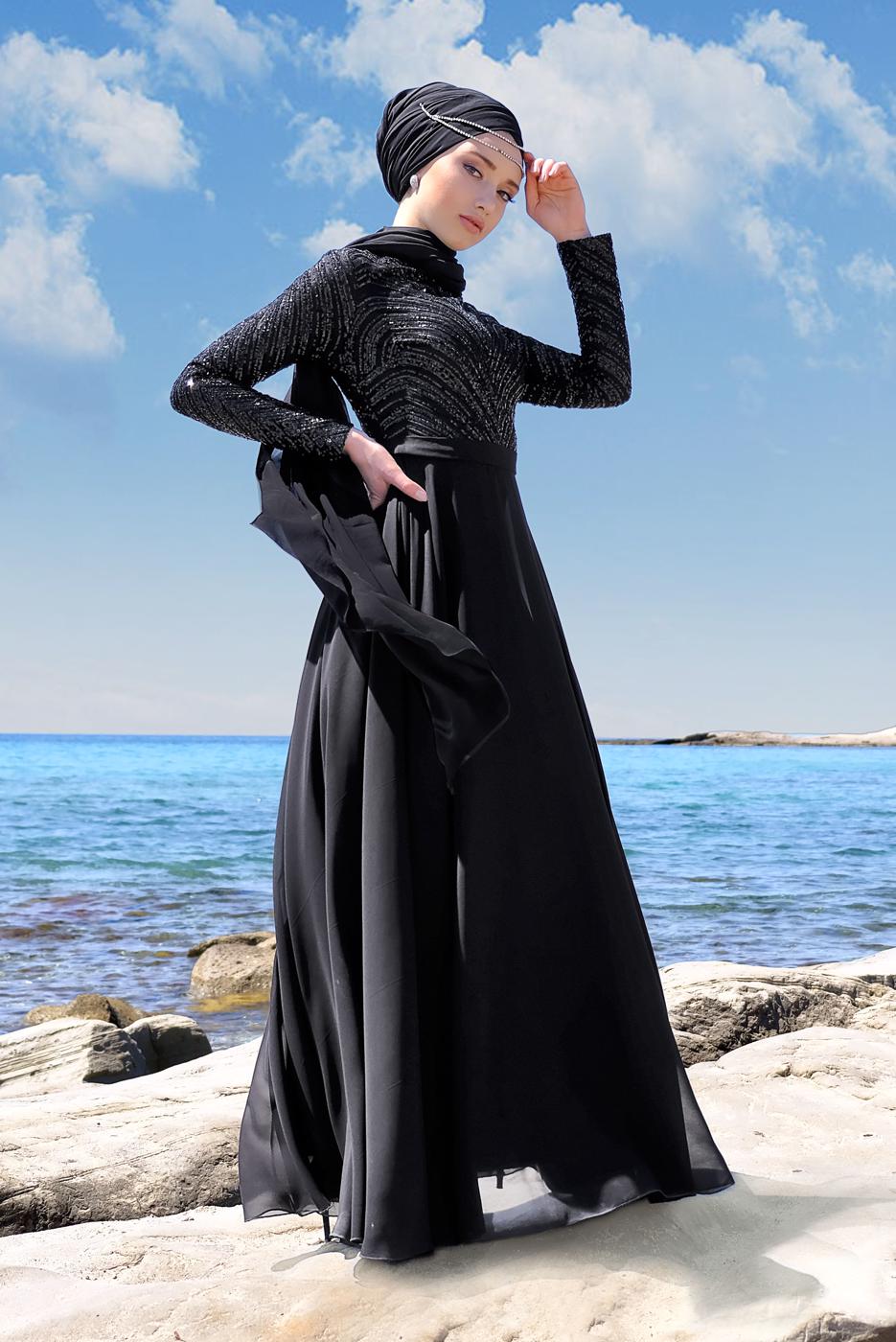 Tesettür giyim SİYAH PUL PAYET ABİYE ELBİSE 8858 