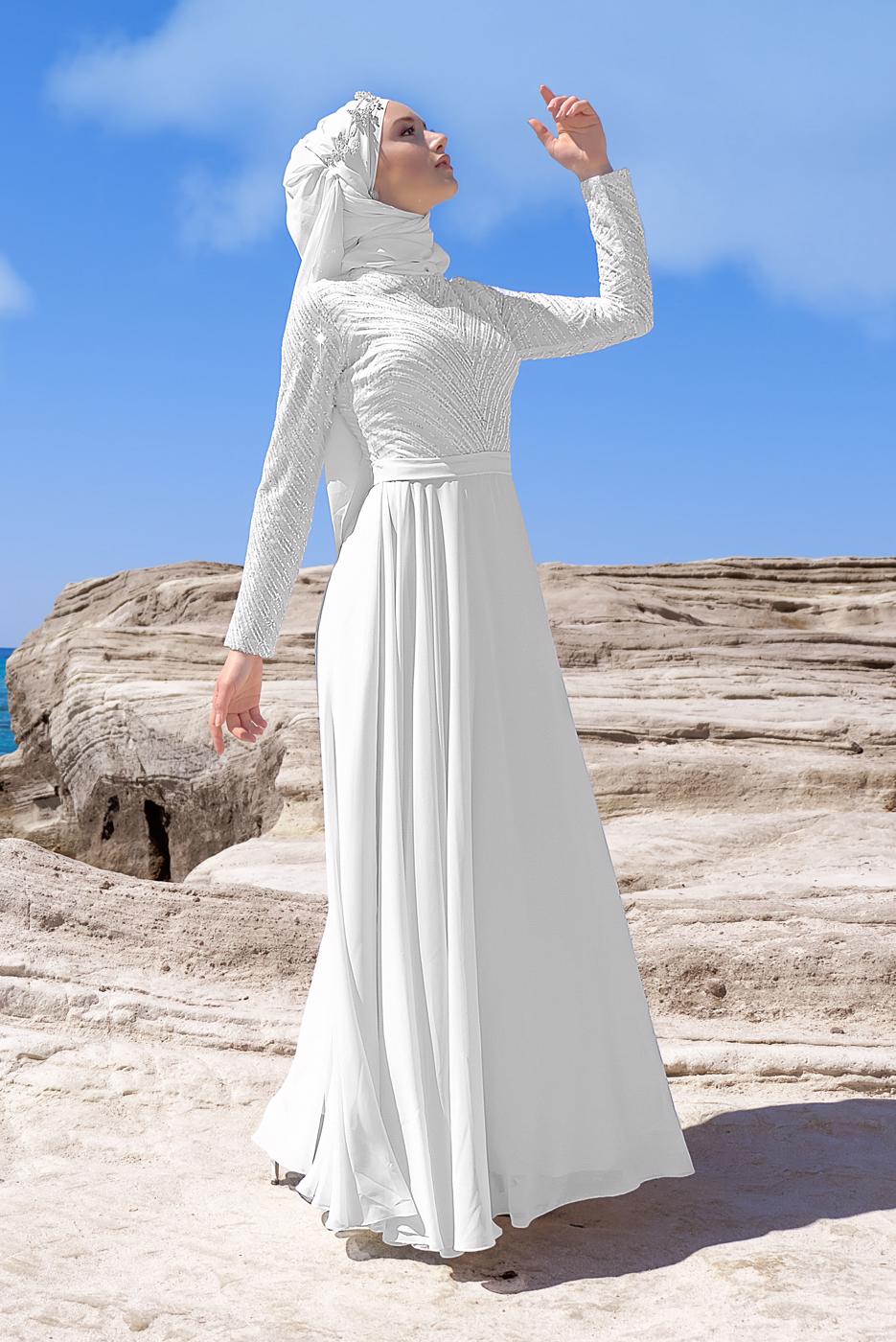 Tesettür giyim BEYAZ PUL PAYET ABİYE ELBİSE 8858 