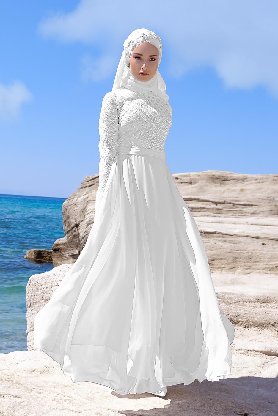 Tesettür giyim BEYAZ PUL PAYET ABİYE ELBİSE 8858 