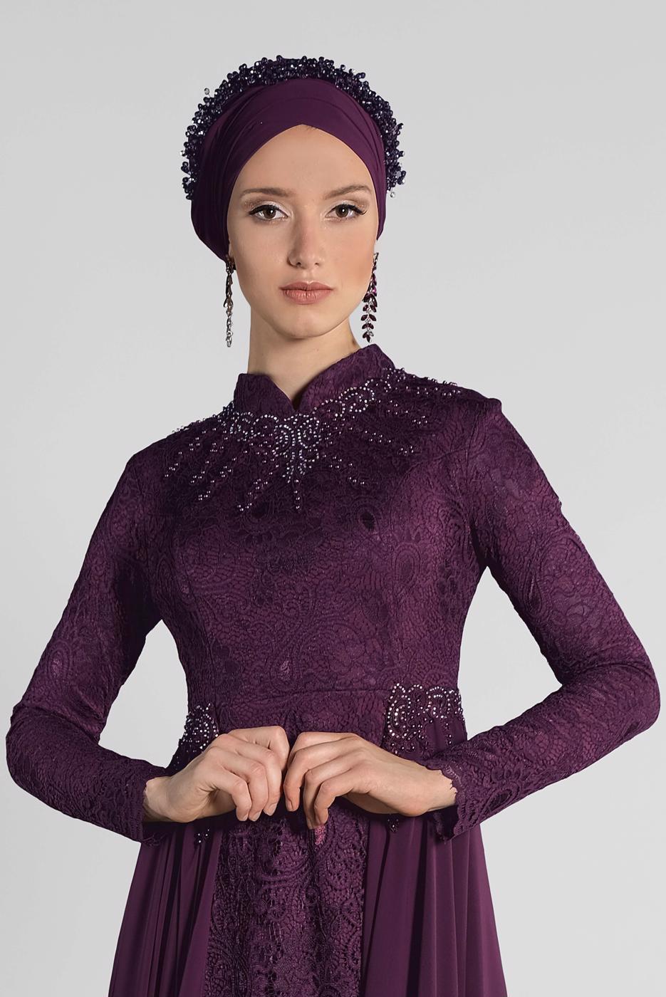 Tesettür giyim MÜRDÜM DANTEL VE İŞLEMELİ ABİYE ELBİSE 9068