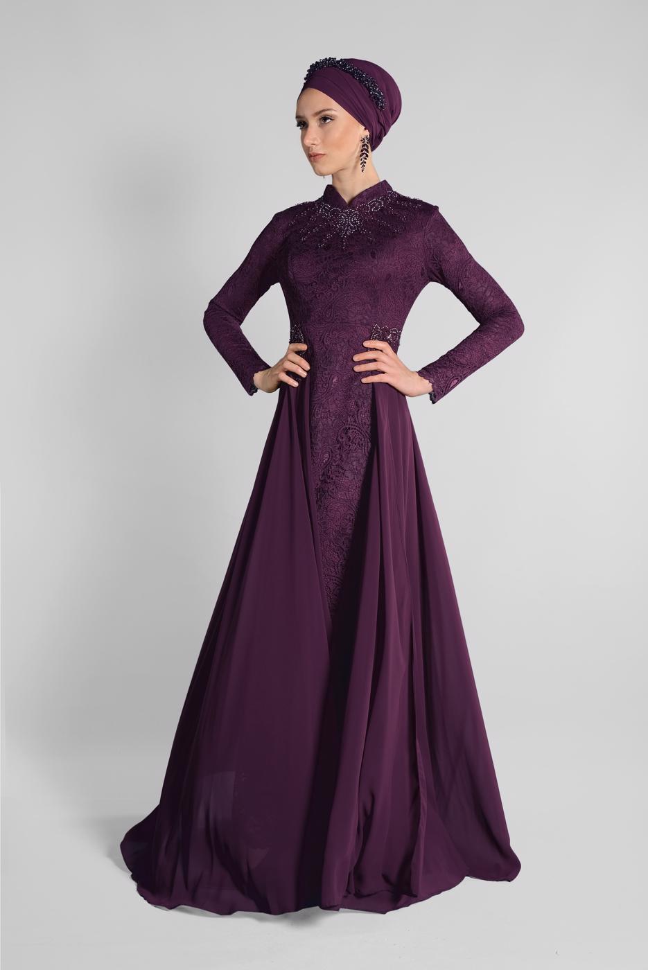 Tesettür giyim MÜRDÜM DANTEL VE İŞLEMELİ ABİYE ELBİSE 9068