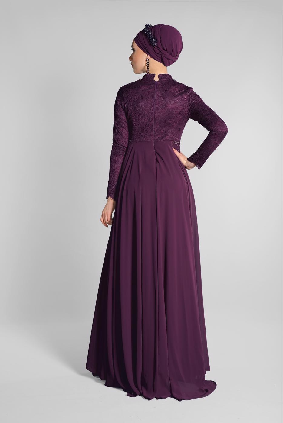 Tesettür giyim MÜRDÜM DANTEL VE İŞLEMELİ ABİYE ELBİSE 9068
