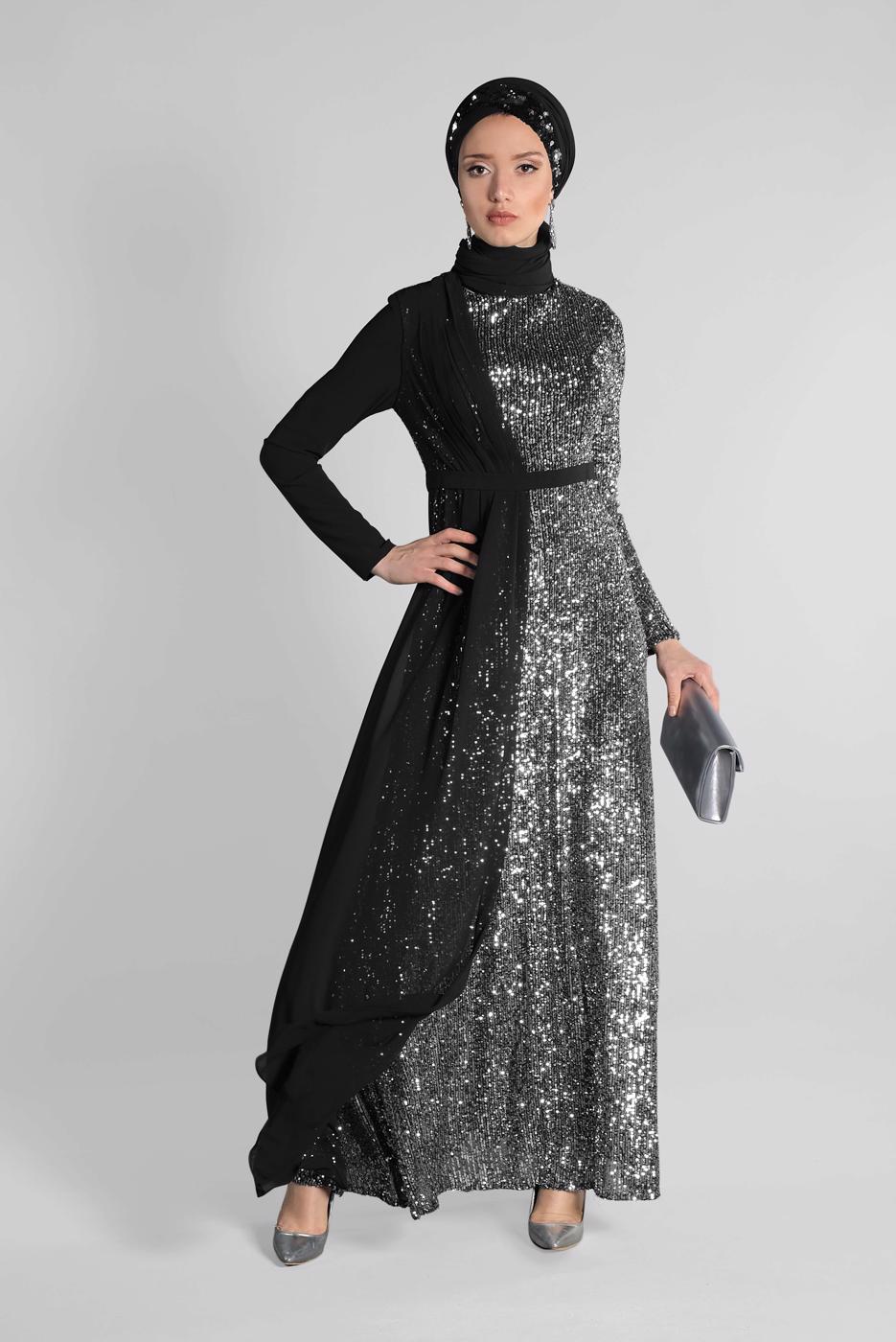 Tesettür giyim SİYAH ŞİFON VE PUL PAYET ABİYE ELBİSE 9558 