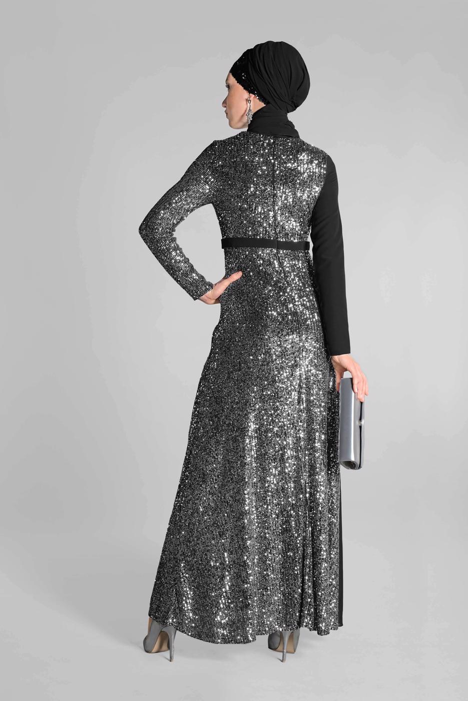 Tesettür giyim SİYAH ŞİFON VE PUL PAYET ABİYE ELBİSE 9558 