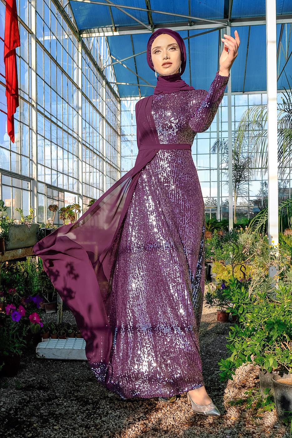 Tesettür giyim MÜRDÜM ŞİFON VE PUL PAYET ABİYE ELBİSE 9558 