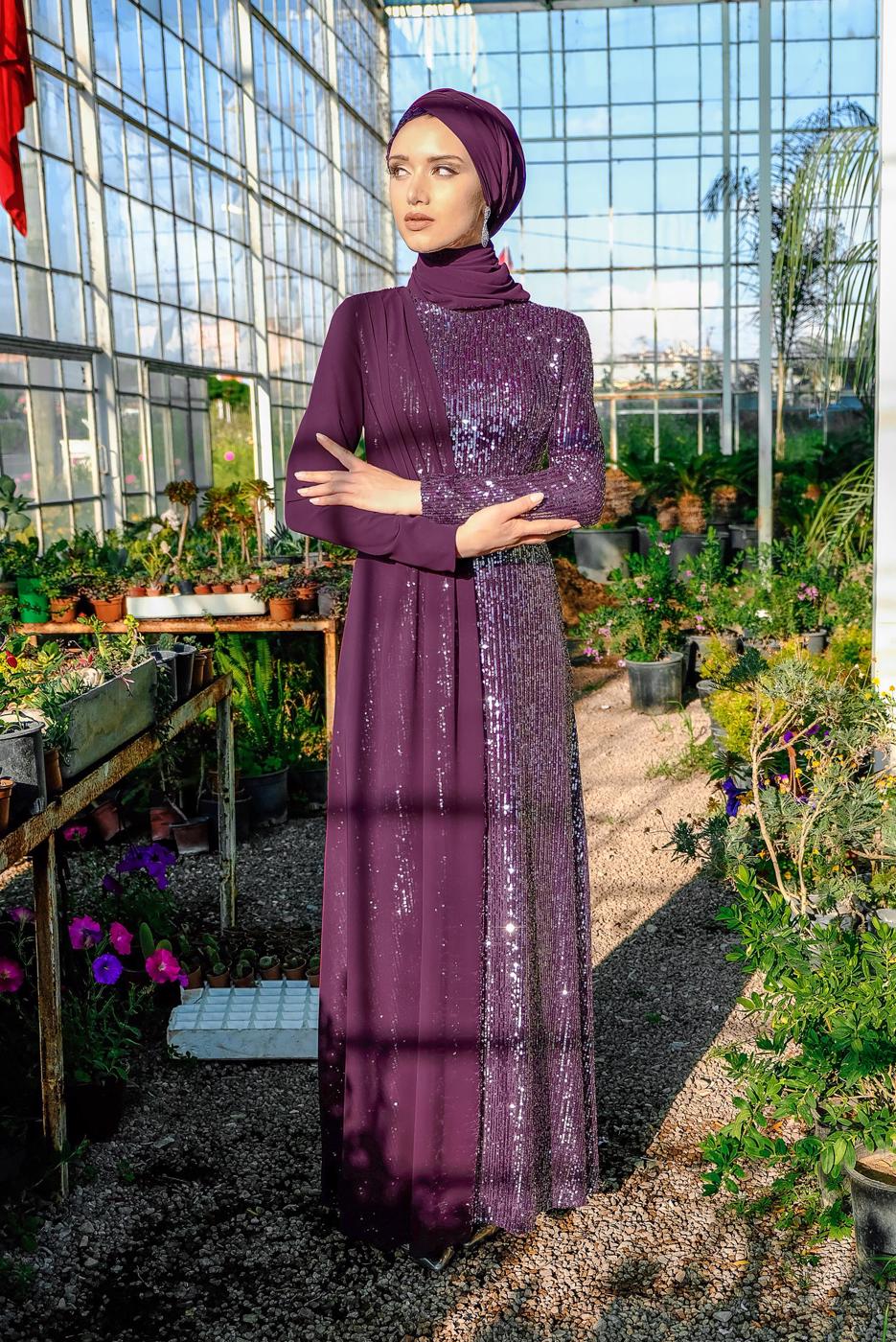 Tesettür giyim MÜRDÜM ŞİFON VE PUL PAYET ABİYE ELBİSE 9558 