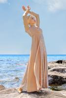 Tesettür giyim PUDRA ŞİFON VE PUL PAYET ABİYE ELBİSE 9558 