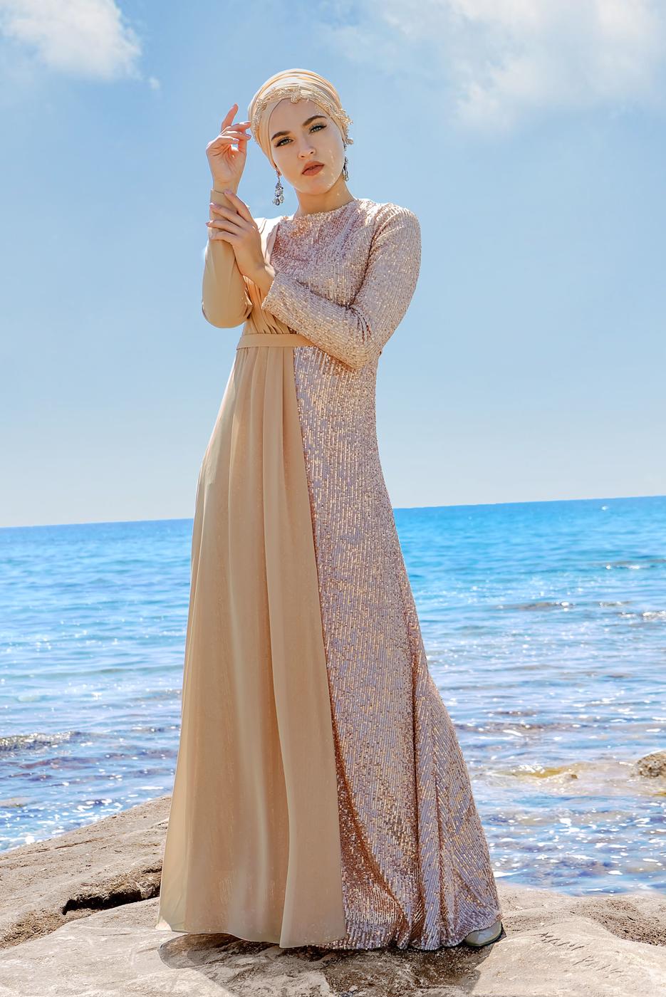 Tesettür giyim PUDRA ŞİFON VE PUL PAYET ABİYE ELBİSE 9558 