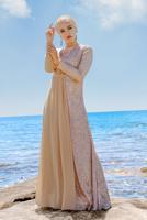 Tesettür giyim PUDRA ŞİFON VE PUL PAYET ABİYE ELBİSE 9558 