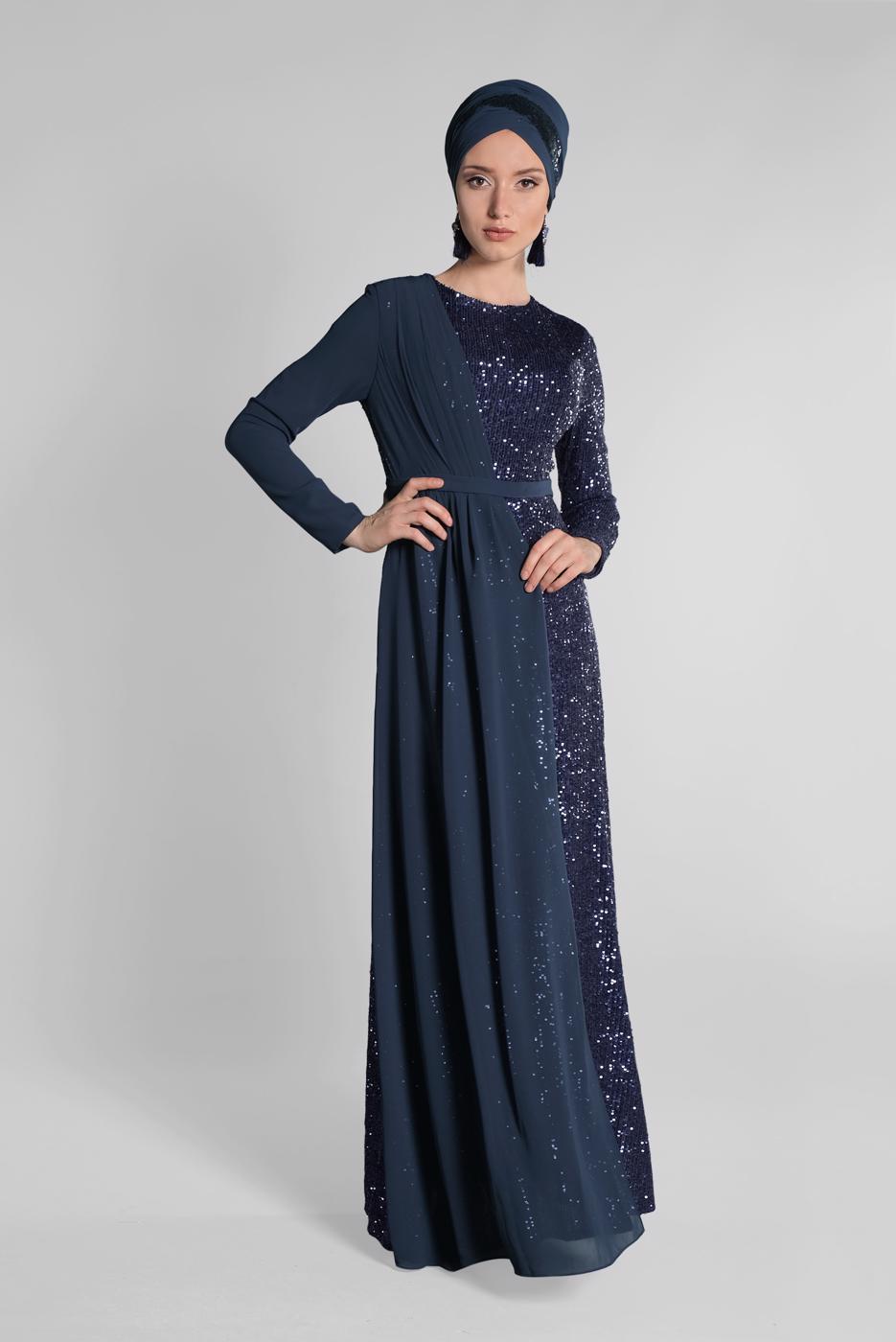 Tesettür giyim LACİVERT ŞİFON VE PUL PAYET ABİYE ELBİSE 9558 