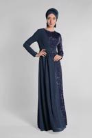 Tesettür giyim LACİVERT ŞİFON VE PUL PAYET ABİYE ELBİSE 9558 