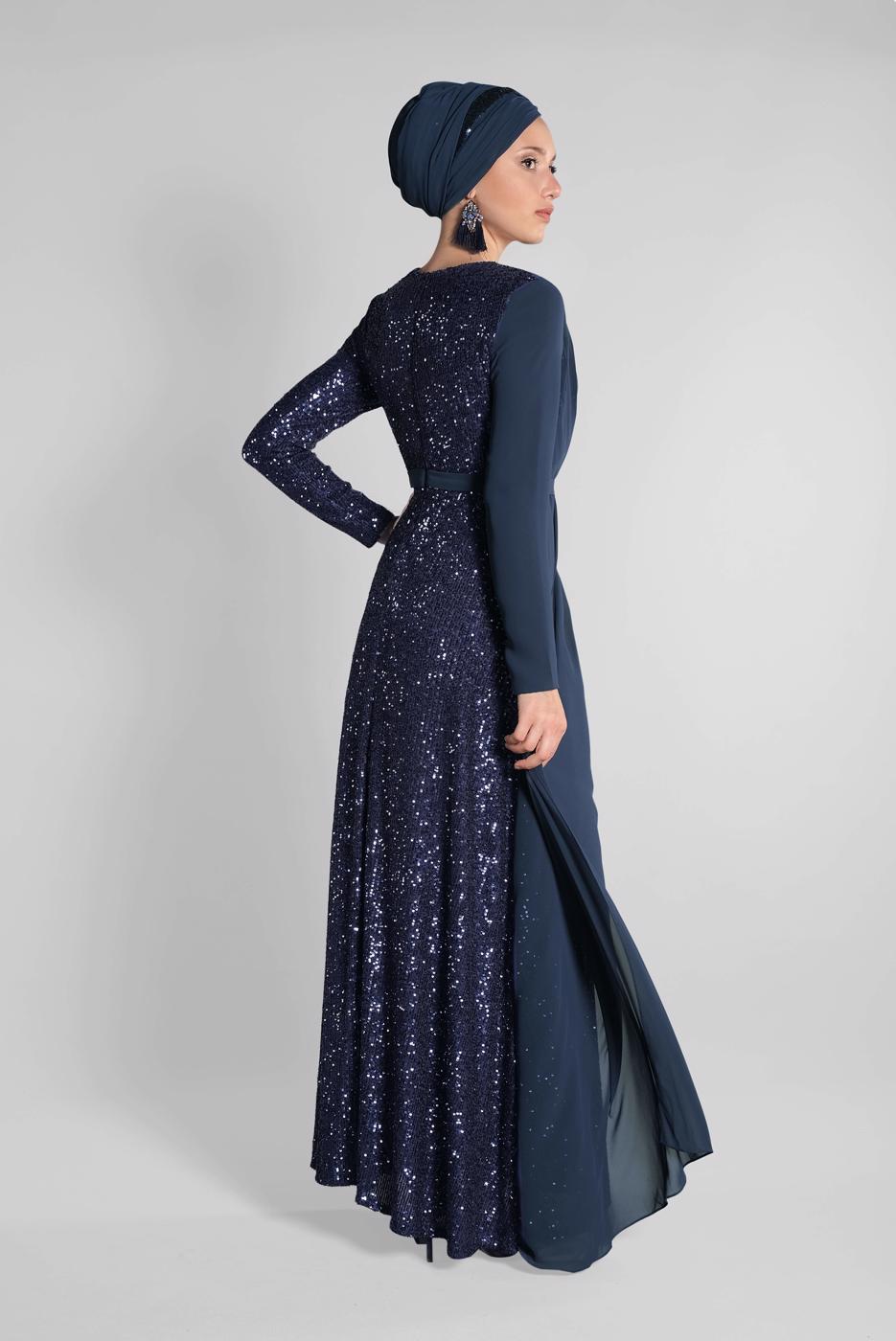 Tesettür giyim LACİVERT ŞİFON VE PUL PAYET ABİYE ELBİSE 9558 