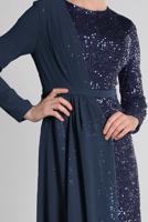 Tesettür giyim LACİVERT ŞİFON VE PUL PAYET ABİYE ELBİSE 9558 