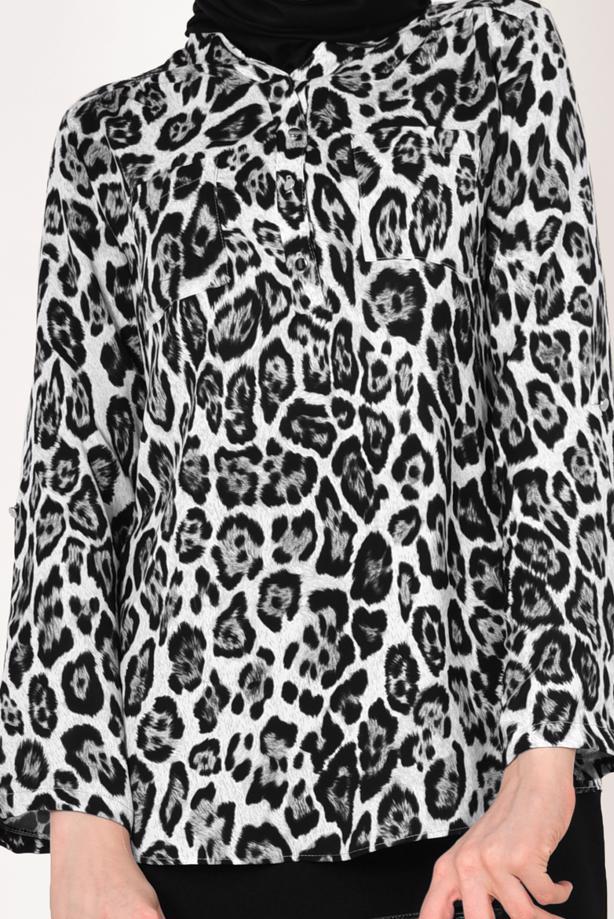 Tesettür giyim GRİ LEOPAR DESENLİ BLUZ 012330 - TRENDTESETTÜR
