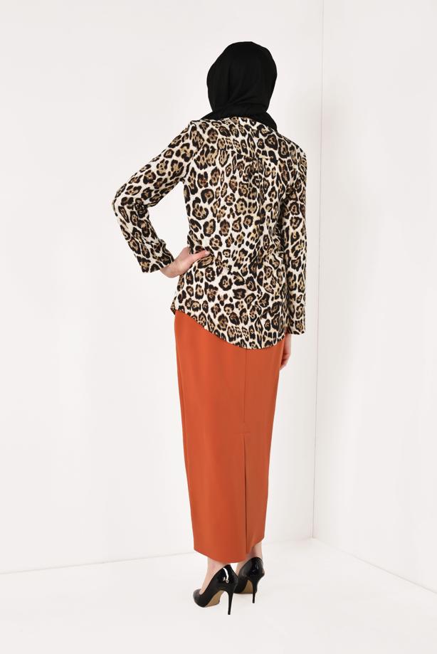 Tesettür giyim KAHVE LEOPAR DESENLİ BLUZ 012330 - TRENDTESETTÜR