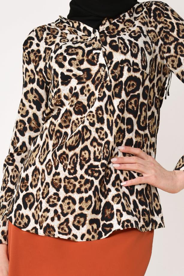 Tesettür giyim KAHVE LEOPAR DESENLİ BLUZ 012330 - TRENDTESETTÜR