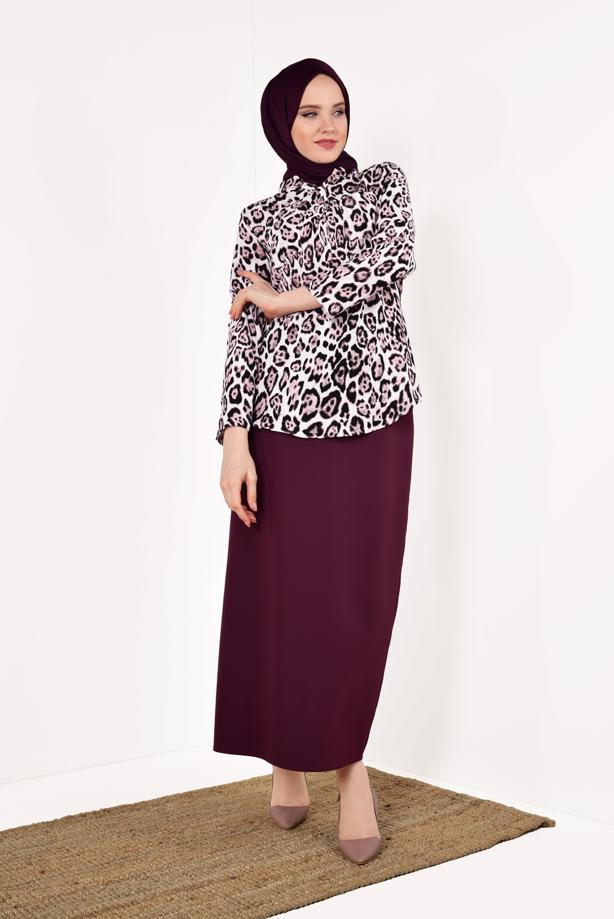 Tesettür giyim PUDRA LEOPAR DESENLİ BLUZ 012330 - TRENDTESETTÜR