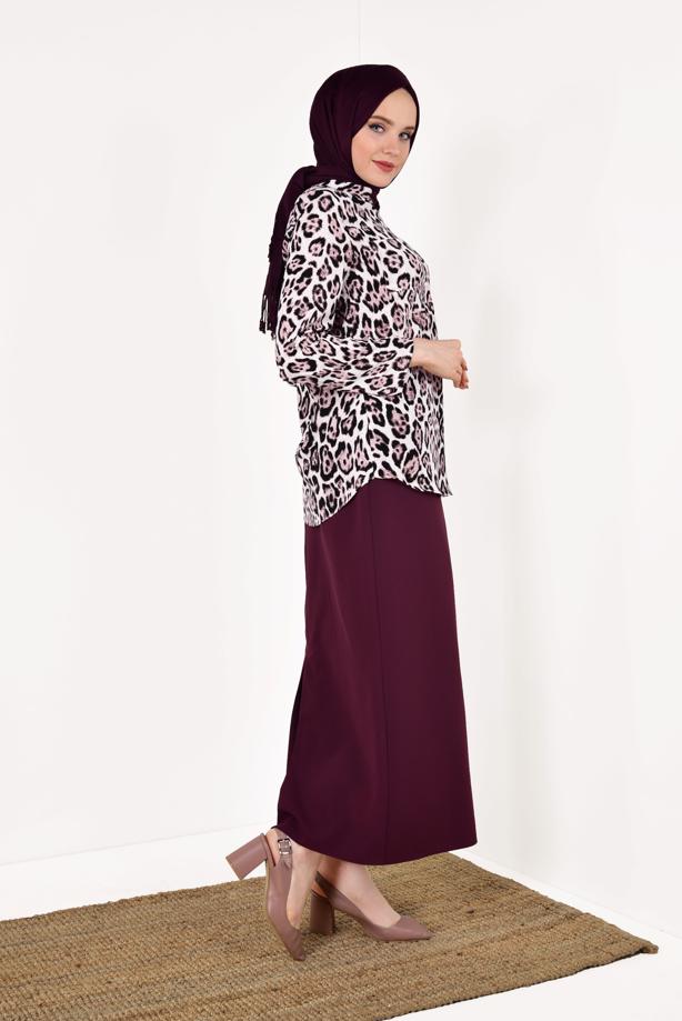 Tesettür giyim PUDRA LEOPAR DESENLİ BLUZ 012330 - TRENDTESETTÜR