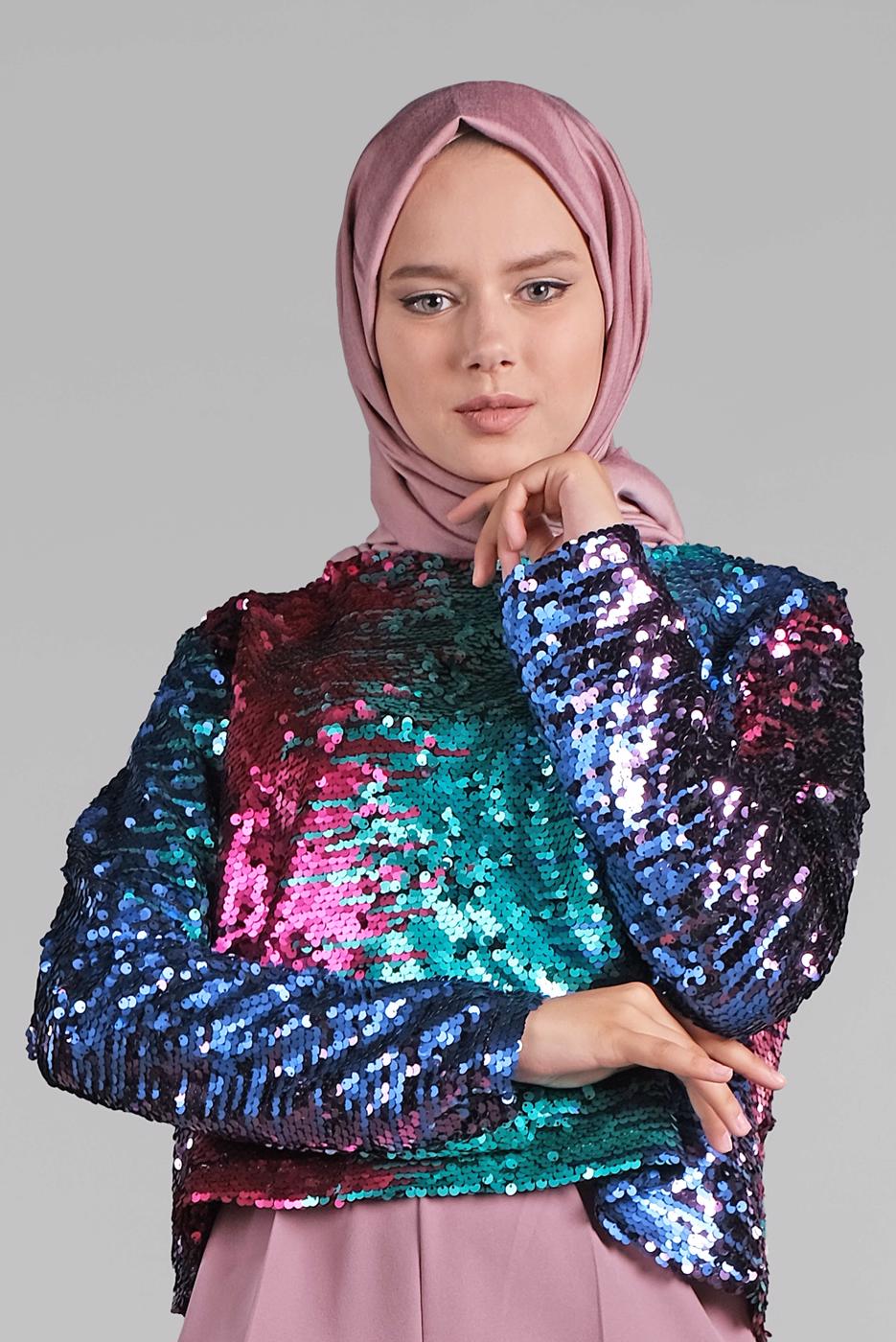 Tesettür giyim YEŞİL PUL PAYET BLUZ 33041