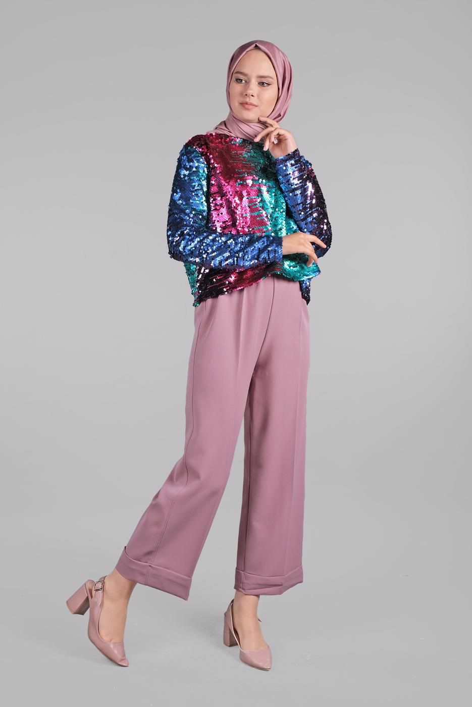 Tesettür giyim YEŞİL PUL PAYET BLUZ 33041