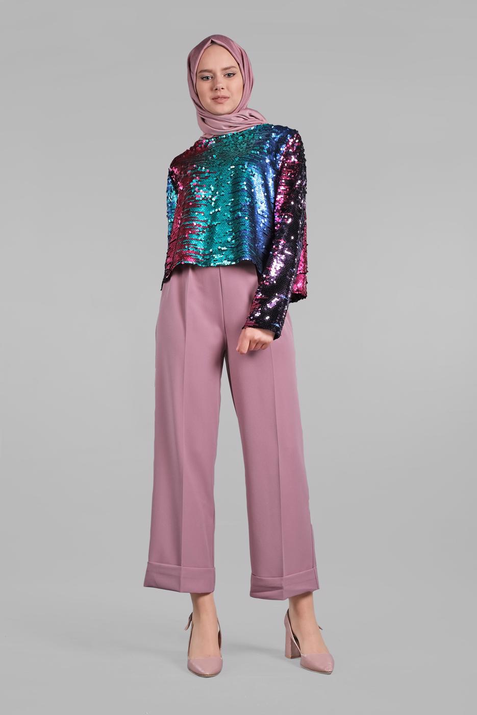 Tesettür giyim YEŞİL PUL PAYET BLUZ 33041